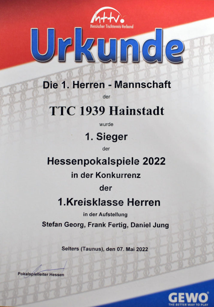 Urkunde Hessenpokal 2022 für TTC Hainstadt